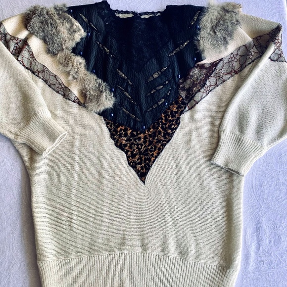 Fine 1980’s women’s acrylic sweater with fur, leather & lace appliqués by Kocal - Picture 1 of 4